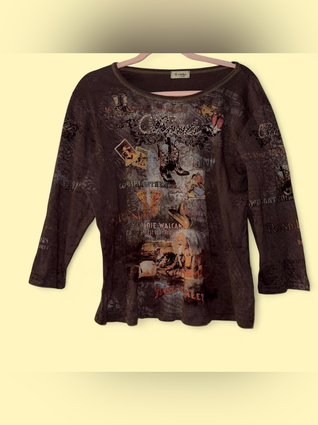 Y2k Brown Cowboy Western Boots 3-4 Sleeve Embellished Top